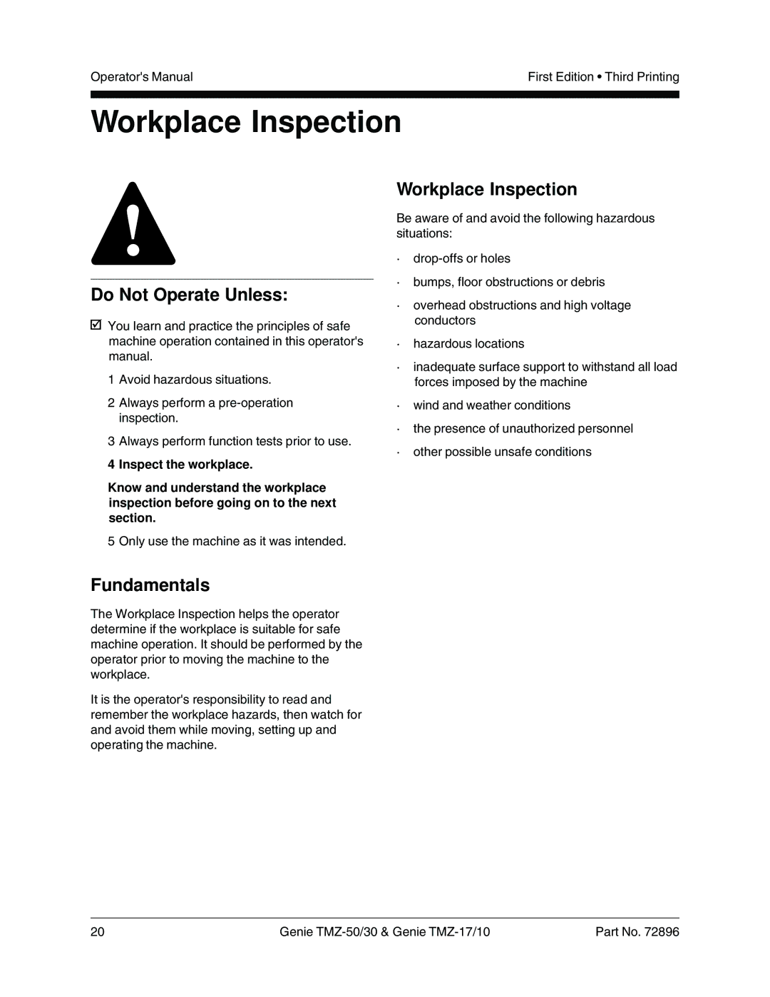 Genie TMZ-50, TMZ-30, TMZ-17, TMZ-10 manual Workplace Inspection 