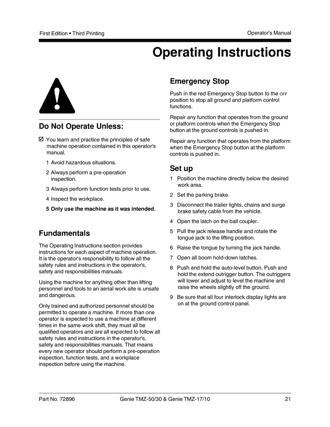 Genie TMZ-17, TMZ-10 manual Operating Instructions, Emergency Stop, Set up, Only use the machine as it was intended 