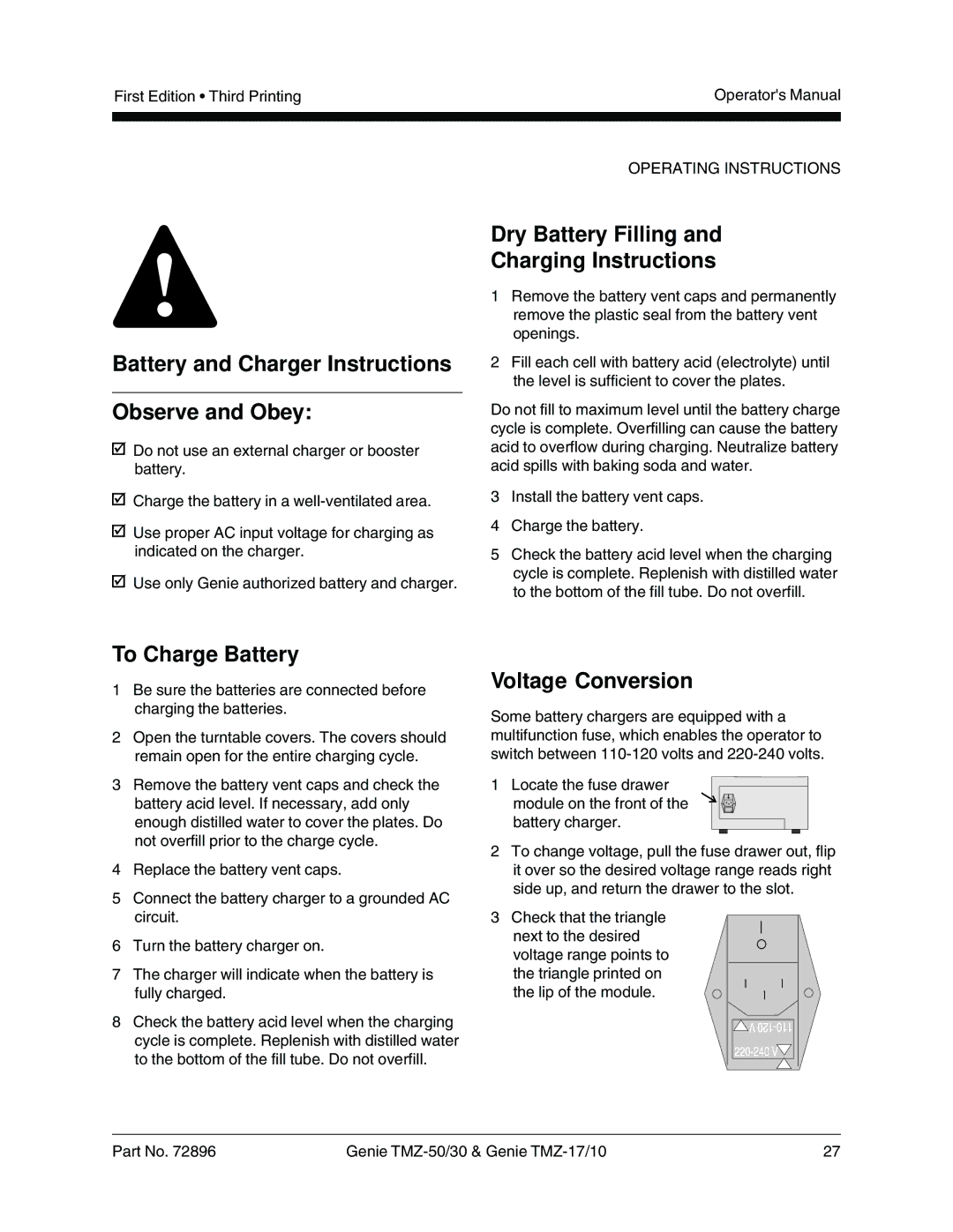 Genie TMZ-17, TMZ-10 manual Battery and Charger Instructions Observe and Obey, Dry Battery Filling Charging Instructions 