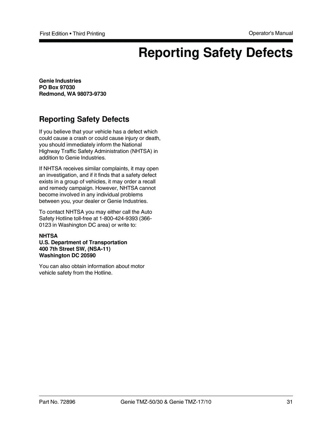 Genie TMZ-17, TMZ-10, TMZ-50, TMZ-30 manual Reporting Safety Defects, Genie Industries PO Box Redmond, WA 