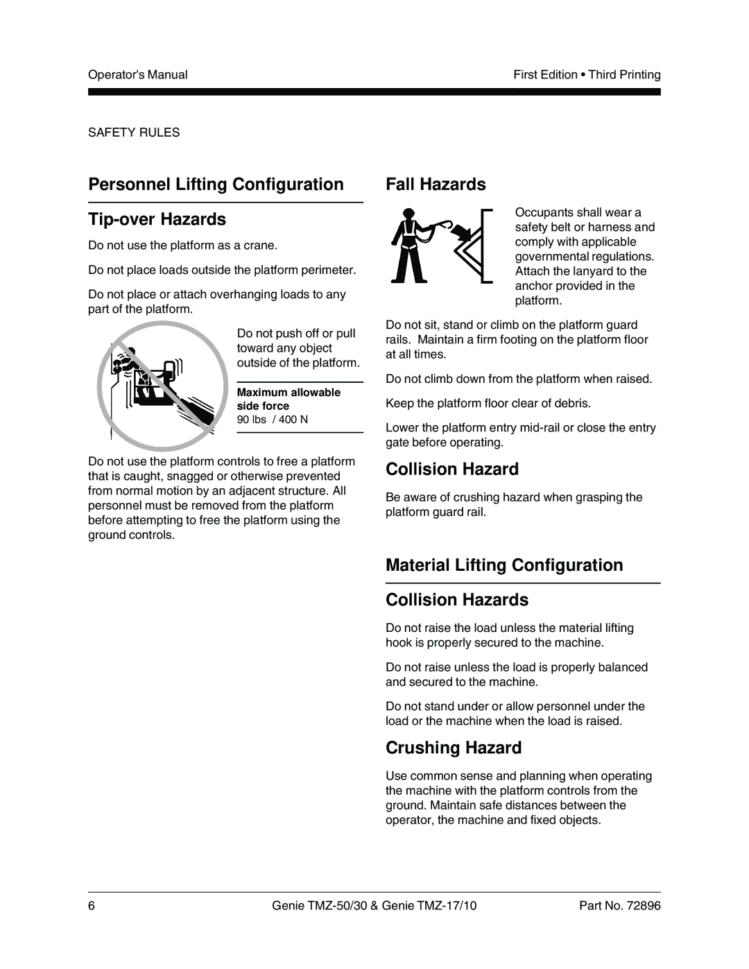 Genie TMZ-50, TMZ-30 Personnel Lifting Configuration Tip-over Hazards, Fall Hazards, Collision Hazard, Crushing Hazard 