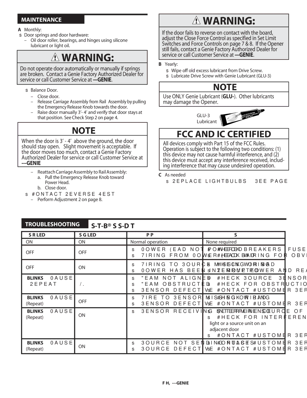 Genie 3060, TRUE, 2060 warranty Safe-T-Beam System Self-Diagnostic Troubleshooting, Genie, BLINKS, Pause 