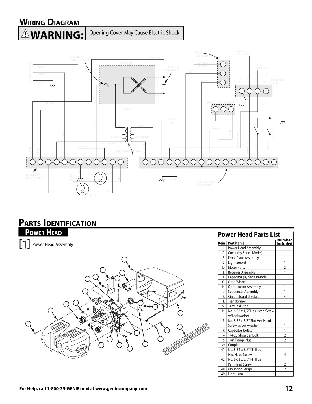 Genie TRUE, 3060, 2060 Parts Identification, Wiring Diagram, Power Head Parts List, Opening Cover May Cause Electric Shock 