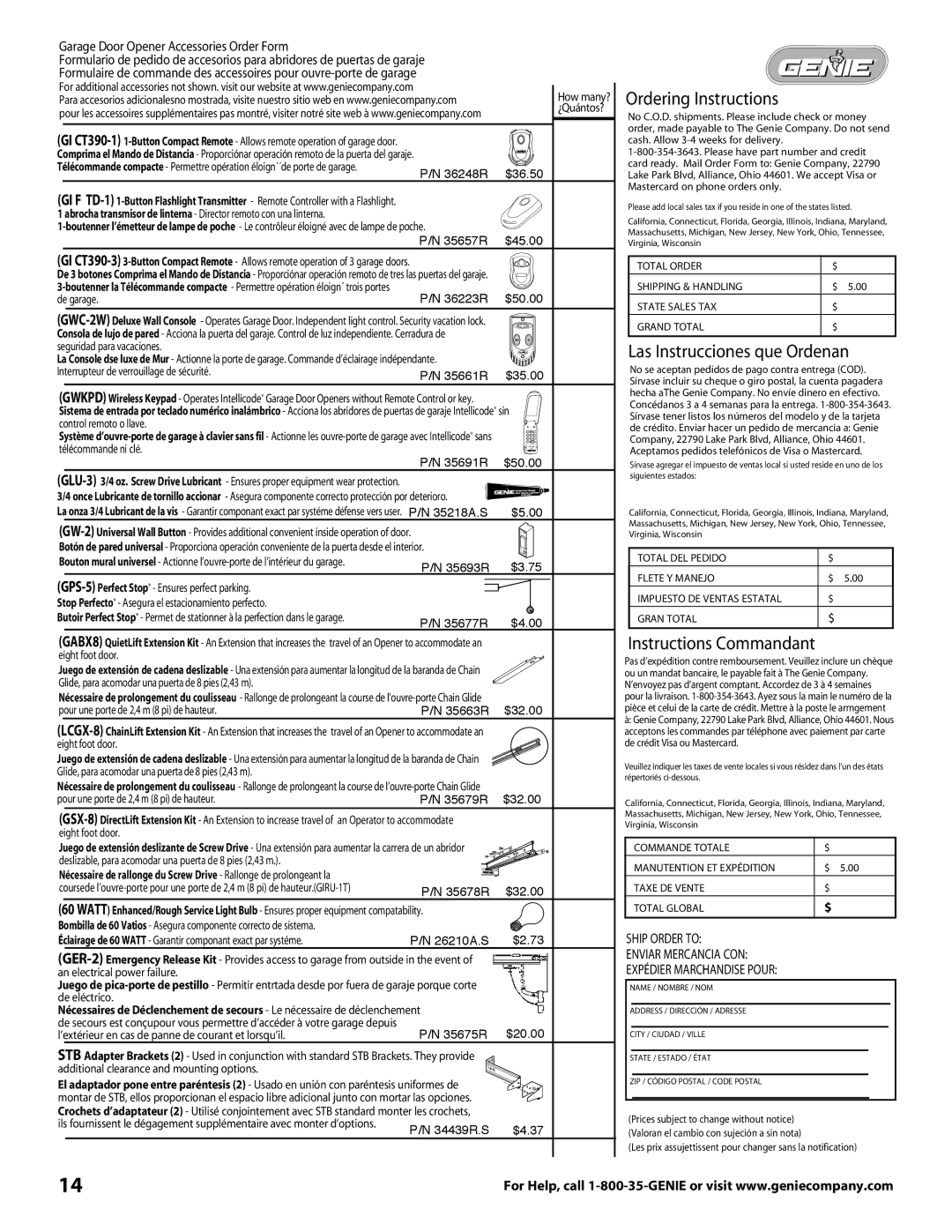 Genie 2060, TRUE Ordering Instructions, Las Instrucciones que Ordenan, Instructions Commandant, EXPédier marchandise pour 