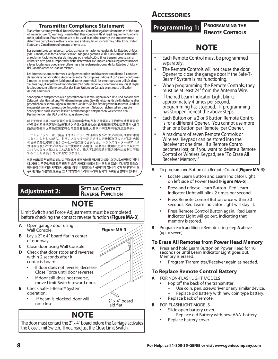 Genie 2060, TRUE, 3060 Accessories, Transmitter Compliance Statement, Each Remote Control must be programmed separately 
