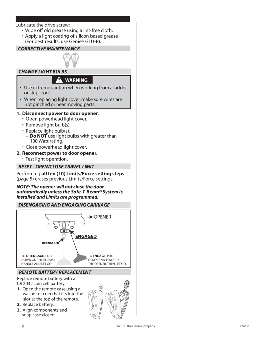 Genie TRUE, 1200 Corrective Maintenance Change Light Bulbs, Reconnect power to door opener, Reset OPEN/CLOSE Travel Limit 