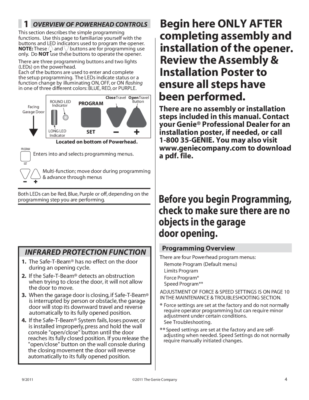 Genie TRUE, GPOWER 900, POWERLIFT 900, 1200, 1500 manual Programming Overview, Enters into and selects programming menus 