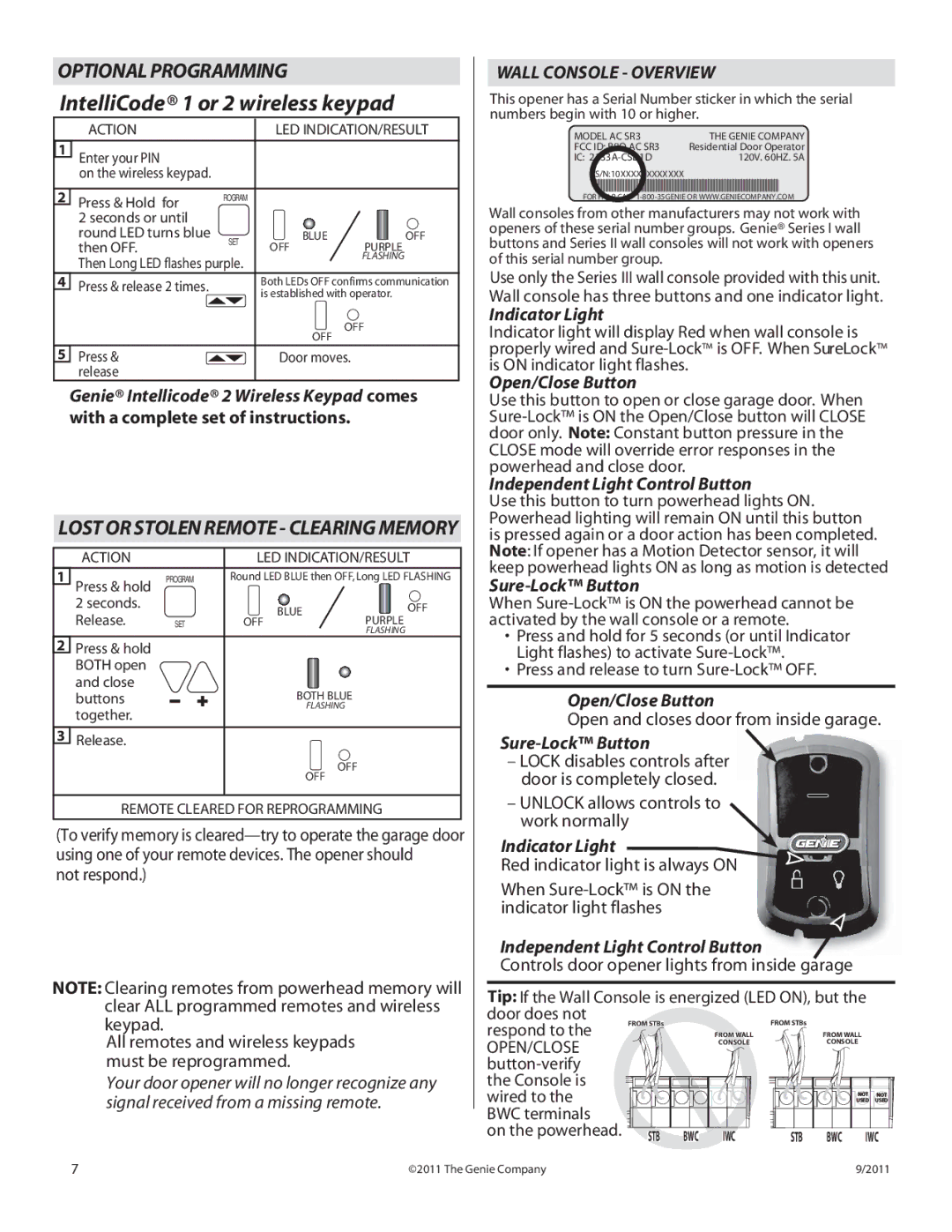 Genie 1200 Wall Console Overview, Indicator Light, Open/Close Button, Independent Light Control Button, Sure-Lock Button 