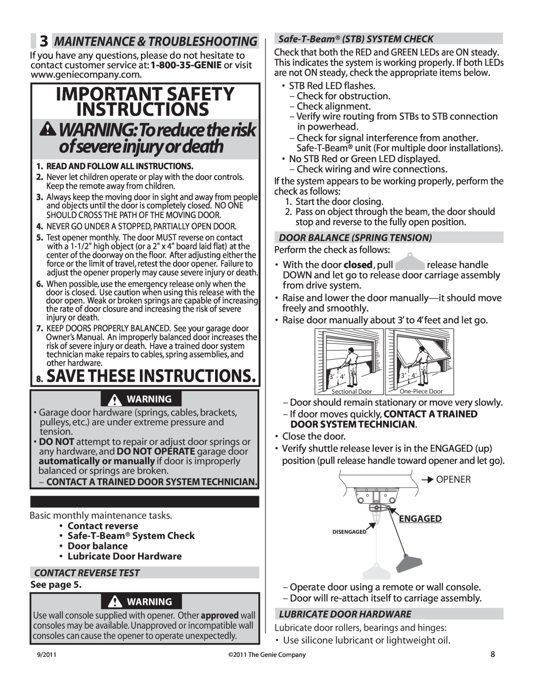 Genie 1500 Important Safety Instructions, WARNINGToreducetherisk ofsevereinjuryordeath, Maintenance & Troubleshooting 