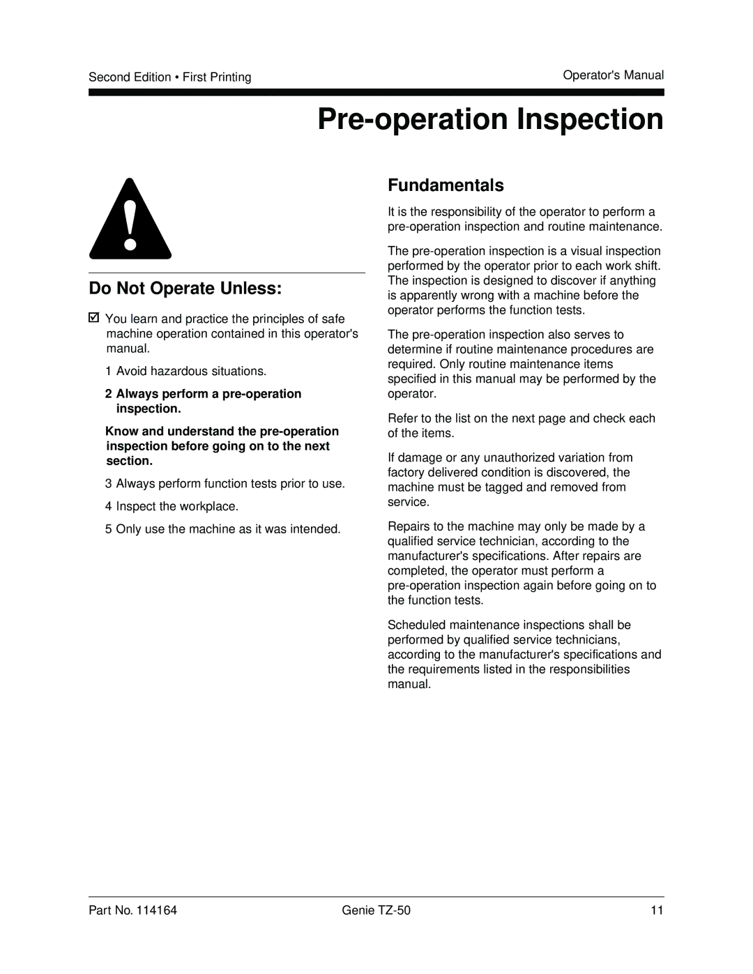 Genie TZ-50 manual Pre-operation Inspection, Fundamentals 