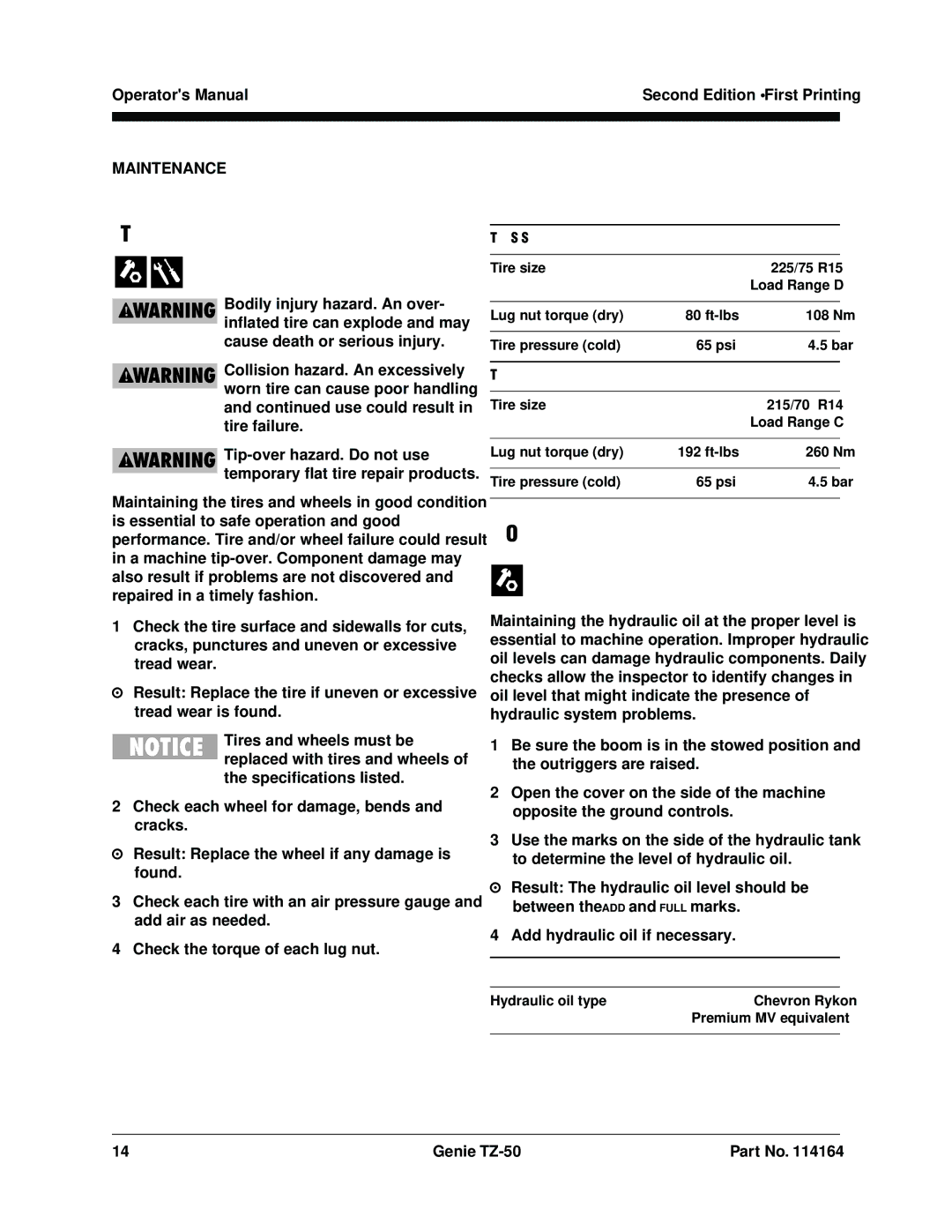 Genie TZ-50 manual Check the Tires and Wheels, Check the Hydraulic Oil Level 