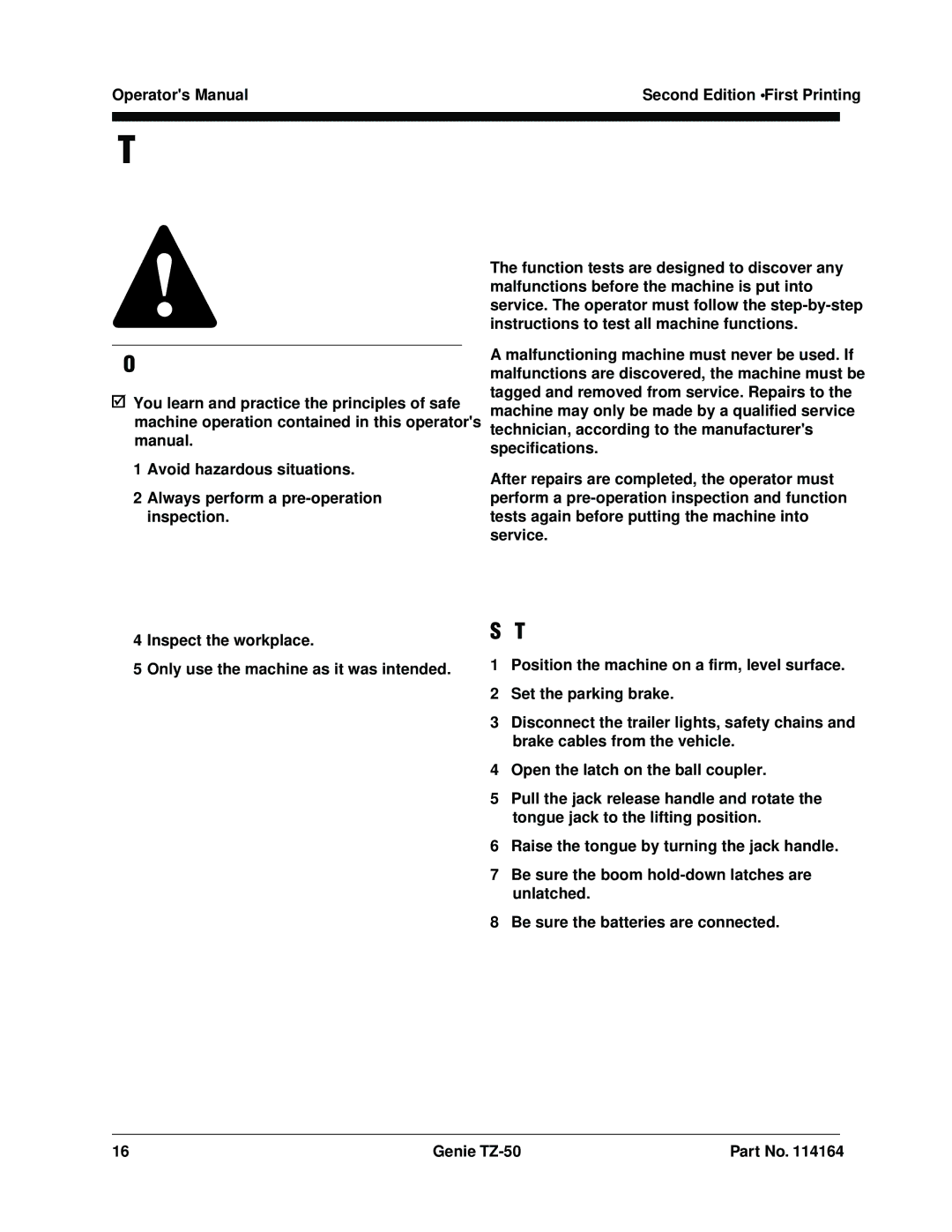 Genie TZ-50 manual Setup for Function Tests 