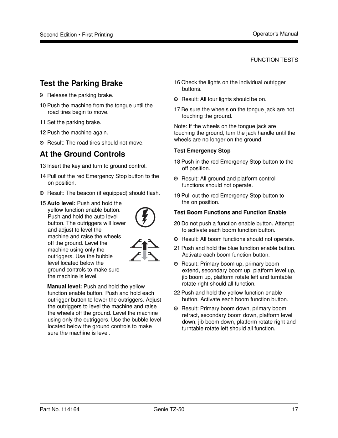 Genie TZ-50 Test the Parking Brake, At the Ground Controls, Test Emergency Stop, Test Boom Functions and Function Enable 