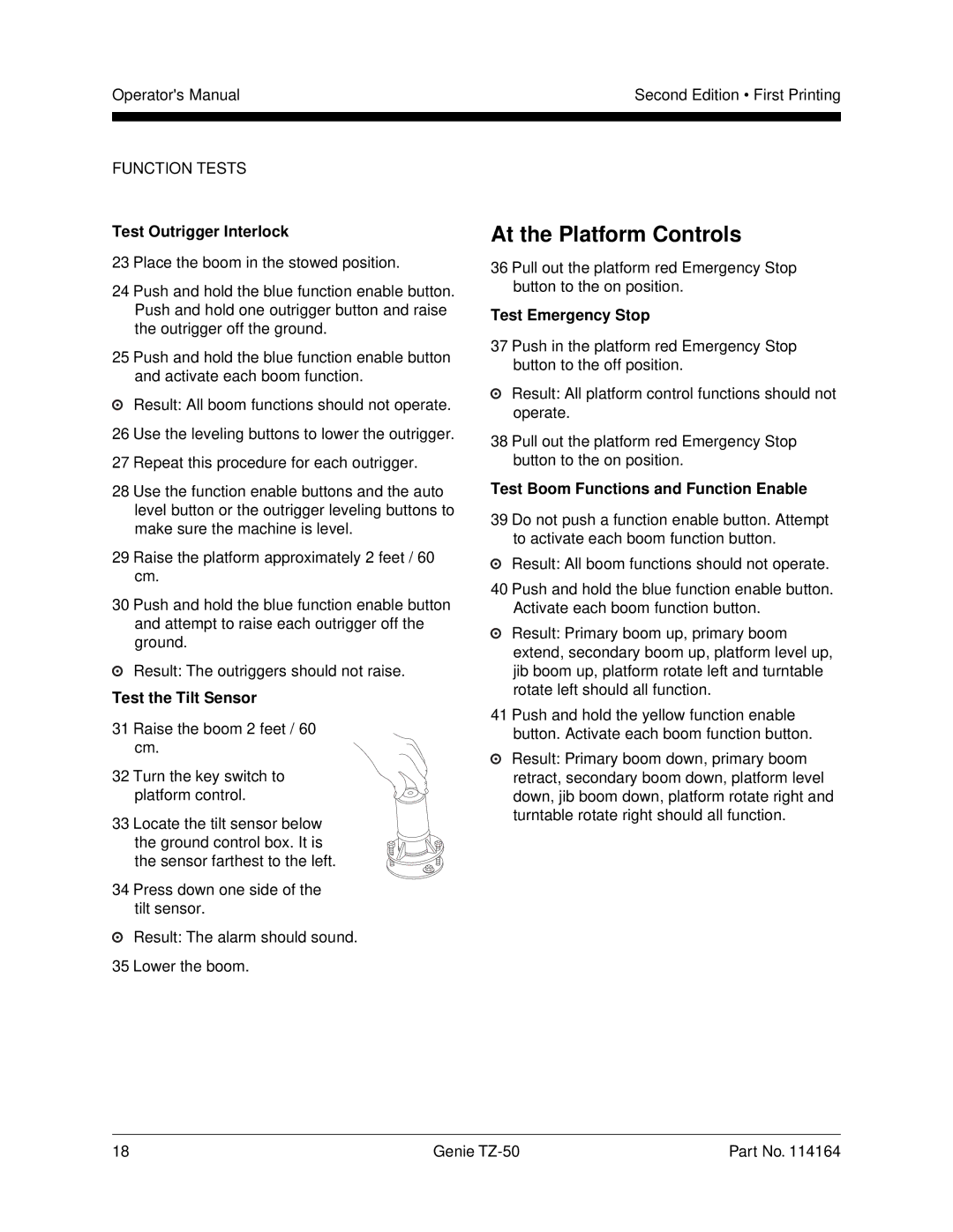 Genie TZ-50 manual At the Platform Controls, Test Outrigger Interlock, Test the Tilt Sensor 