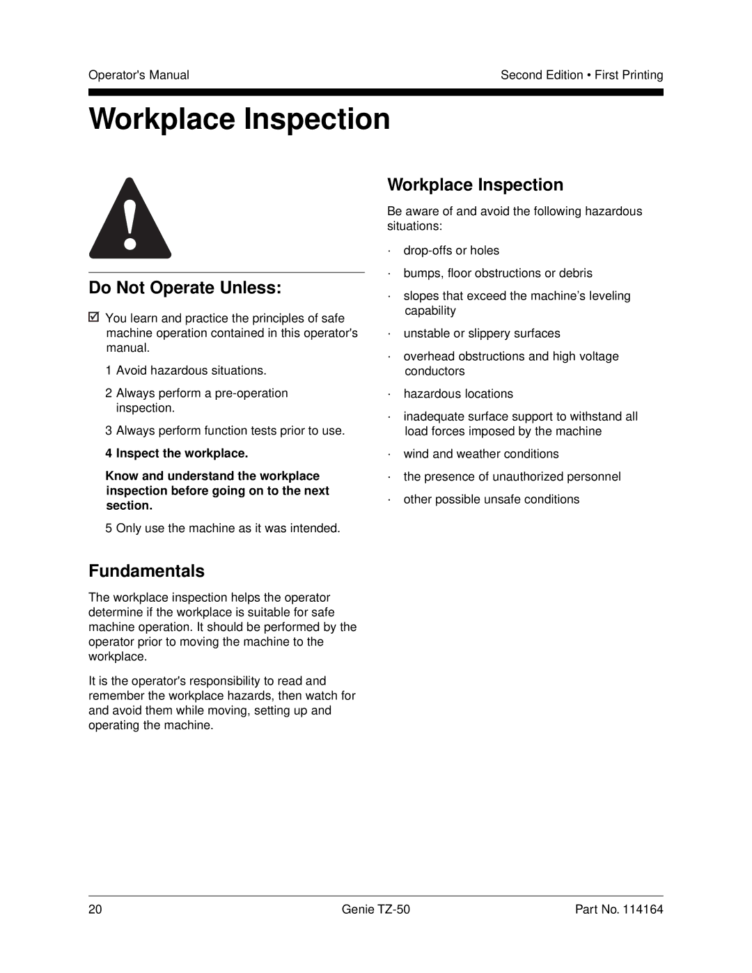 Genie TZ-50 manual Workplace Inspection 