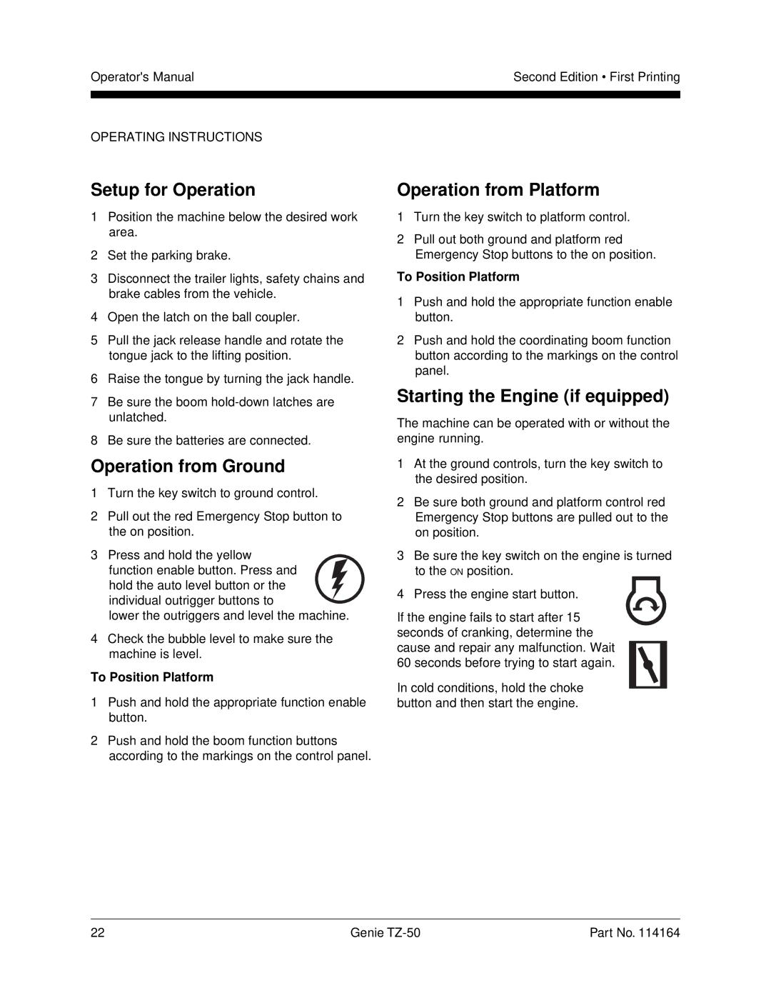 Genie TZ-50 manual Setup for Operation, Operation from Ground, Operation from Platform, Starting the Engine if equipped 