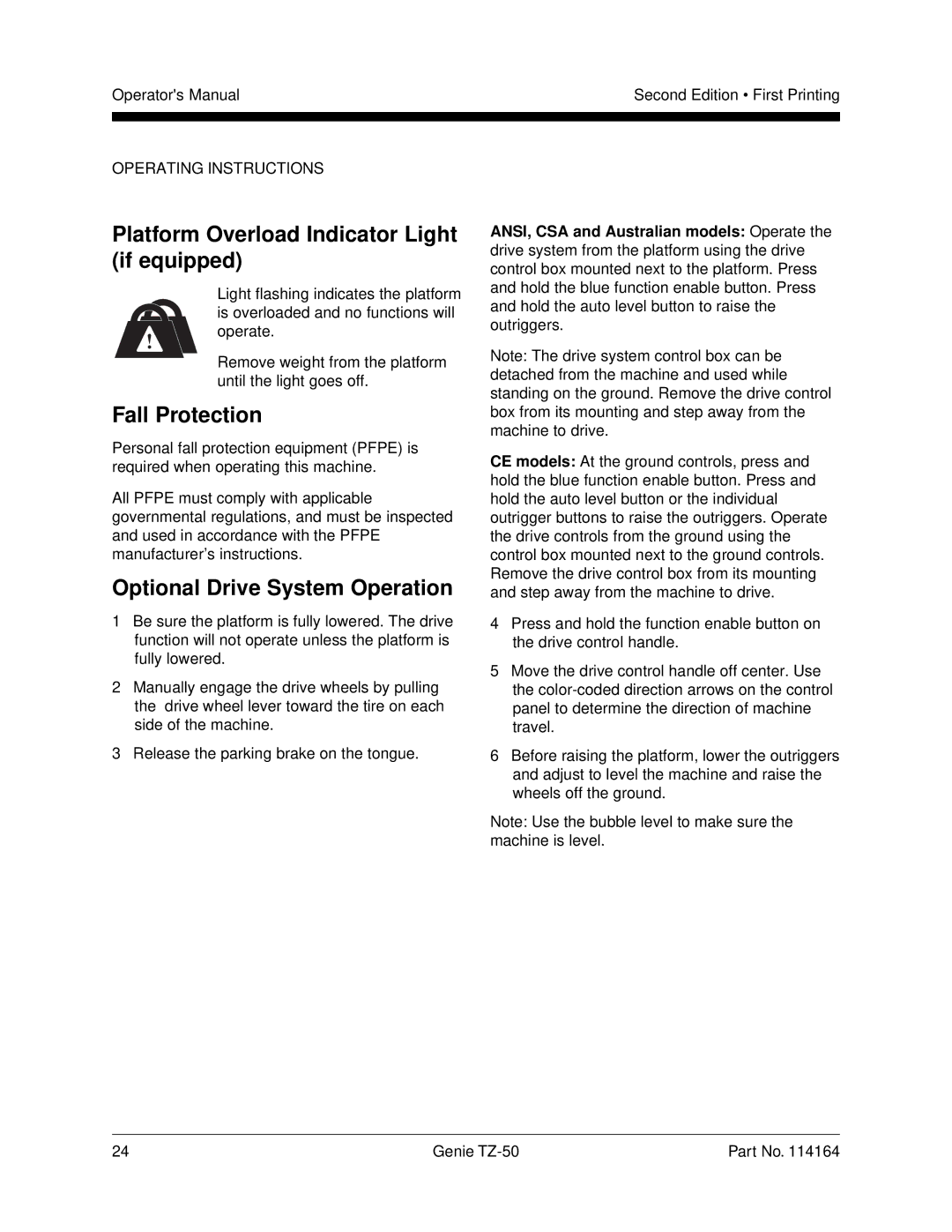 Genie TZ-50 manual Platform Overload Indicator Light if equipped, Fall Protection, Optional Drive System Operation 