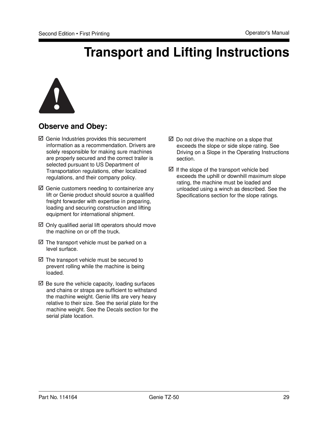 Genie TZ-50 manual Transport and Lifting Instructions 