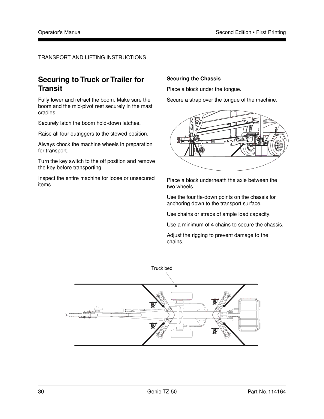 Genie TZ-50 manual Securing to Truck or Trailer for Transit, Securing the Chassis 