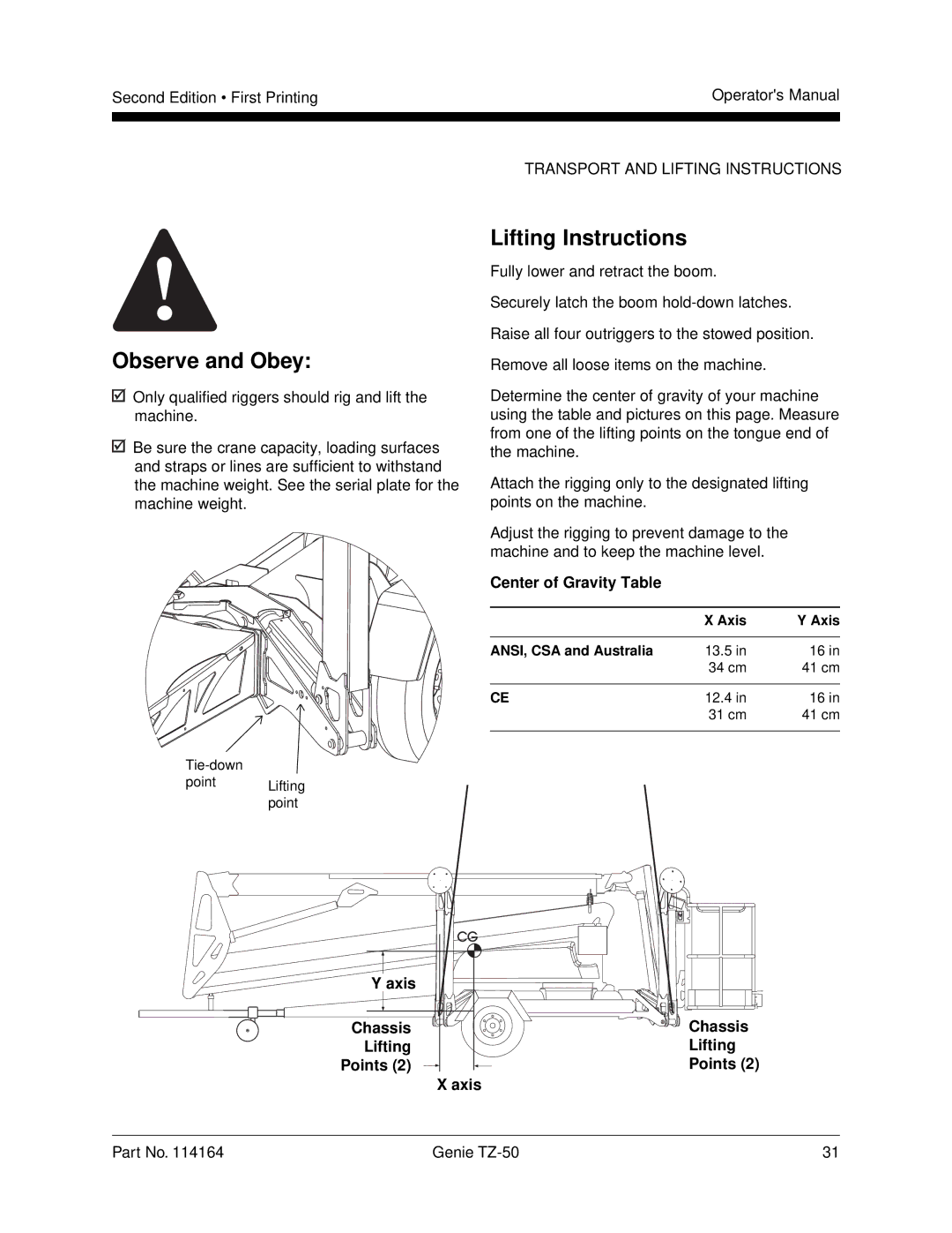 Genie TZ-50 manual Lifting Instructions, Center of Gravity Table, Axis Chassis Lifting Points 