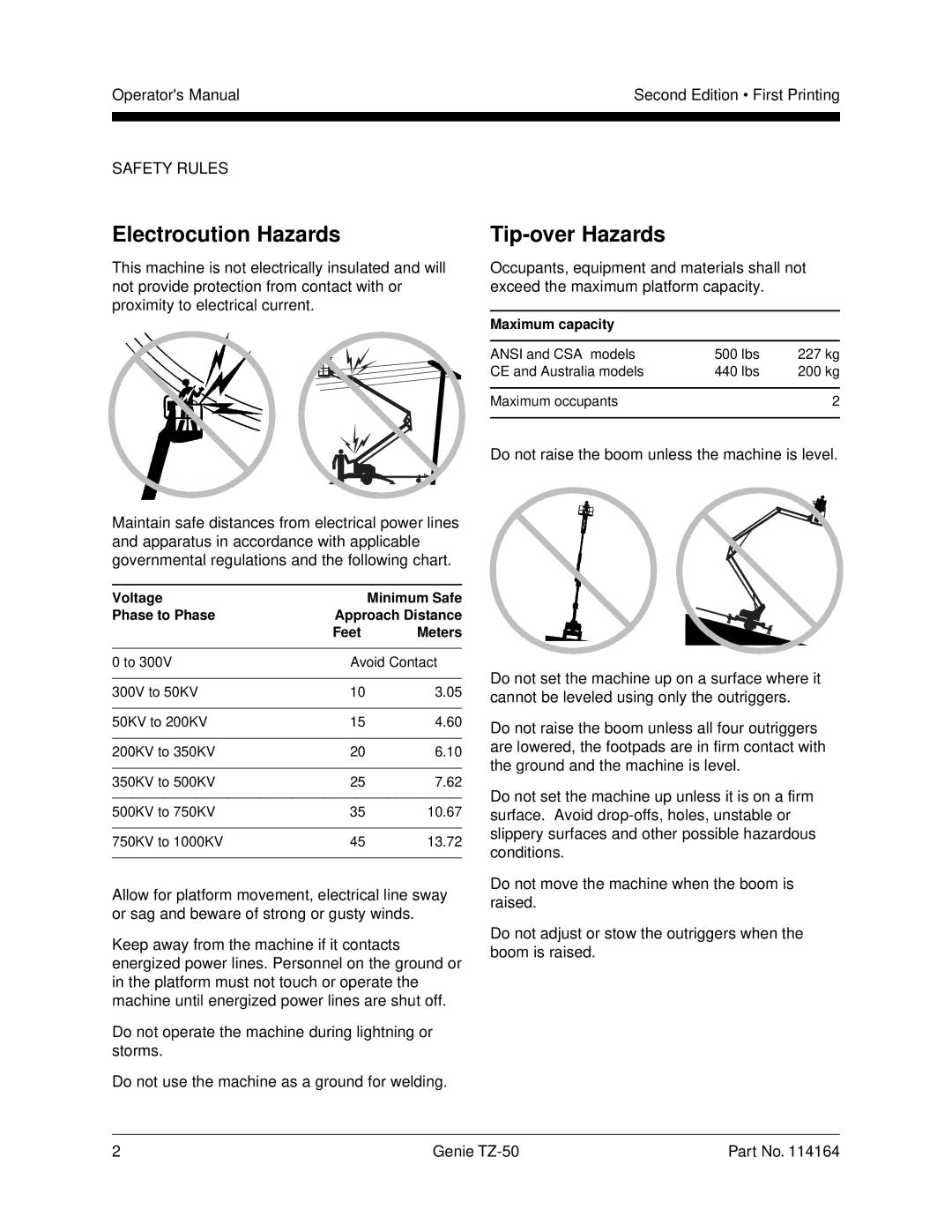 Genie TZ-50 manual Electrocution Hazards, Tip-over Hazards 