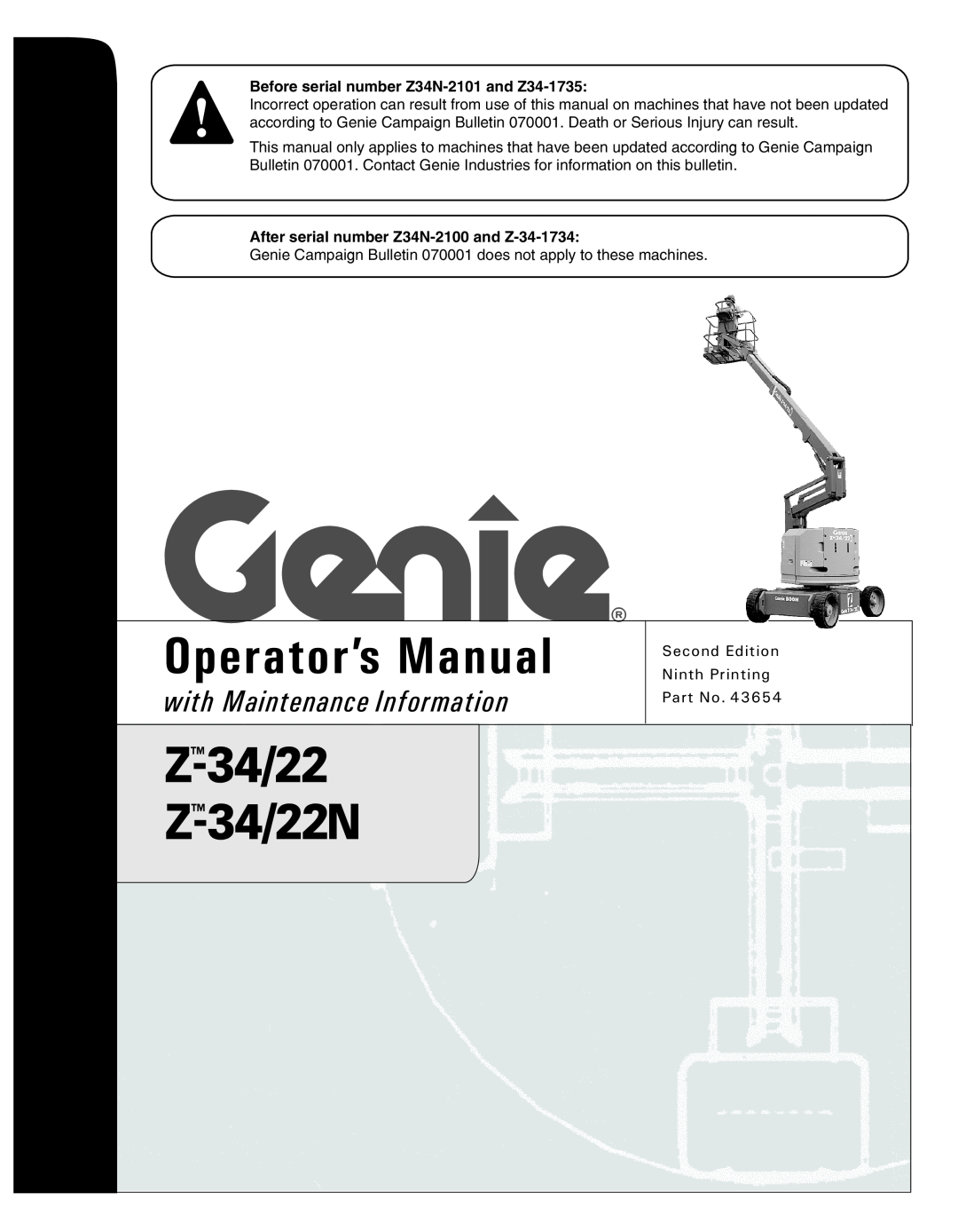 Genie Z-34, Z-22N manual Operator’s Manual, with Maintenance Information, Before serial number Z34N-2101 and Z34-1735 