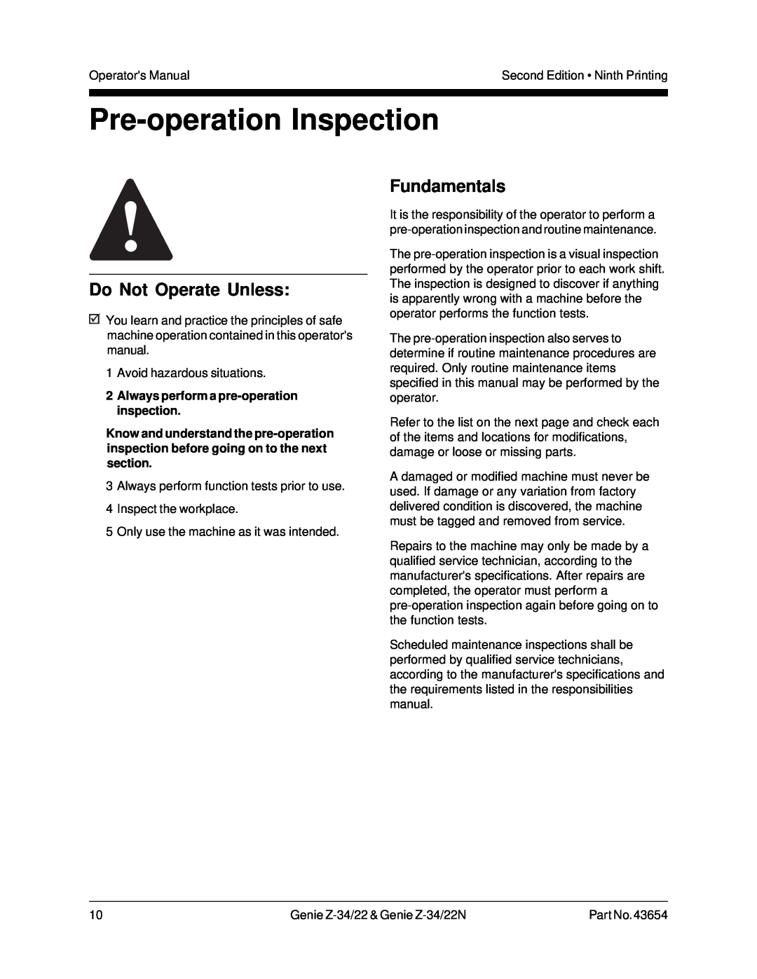 Genie Z-34, Z-22 Pre-operation Inspection, Fundamentals, Always perform a pre-operation inspection, Do Not Operate Unless 