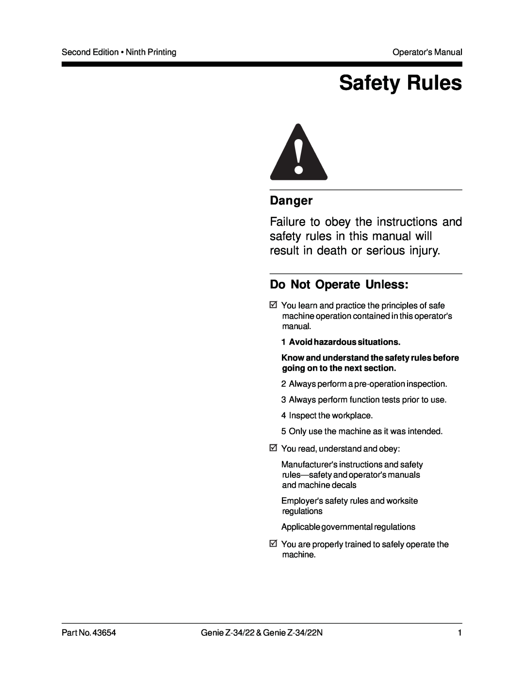 Genie Z-34, Z-22N manual Safety Rules, Danger, Do Not Operate Unless, Avoid hazardous situations 