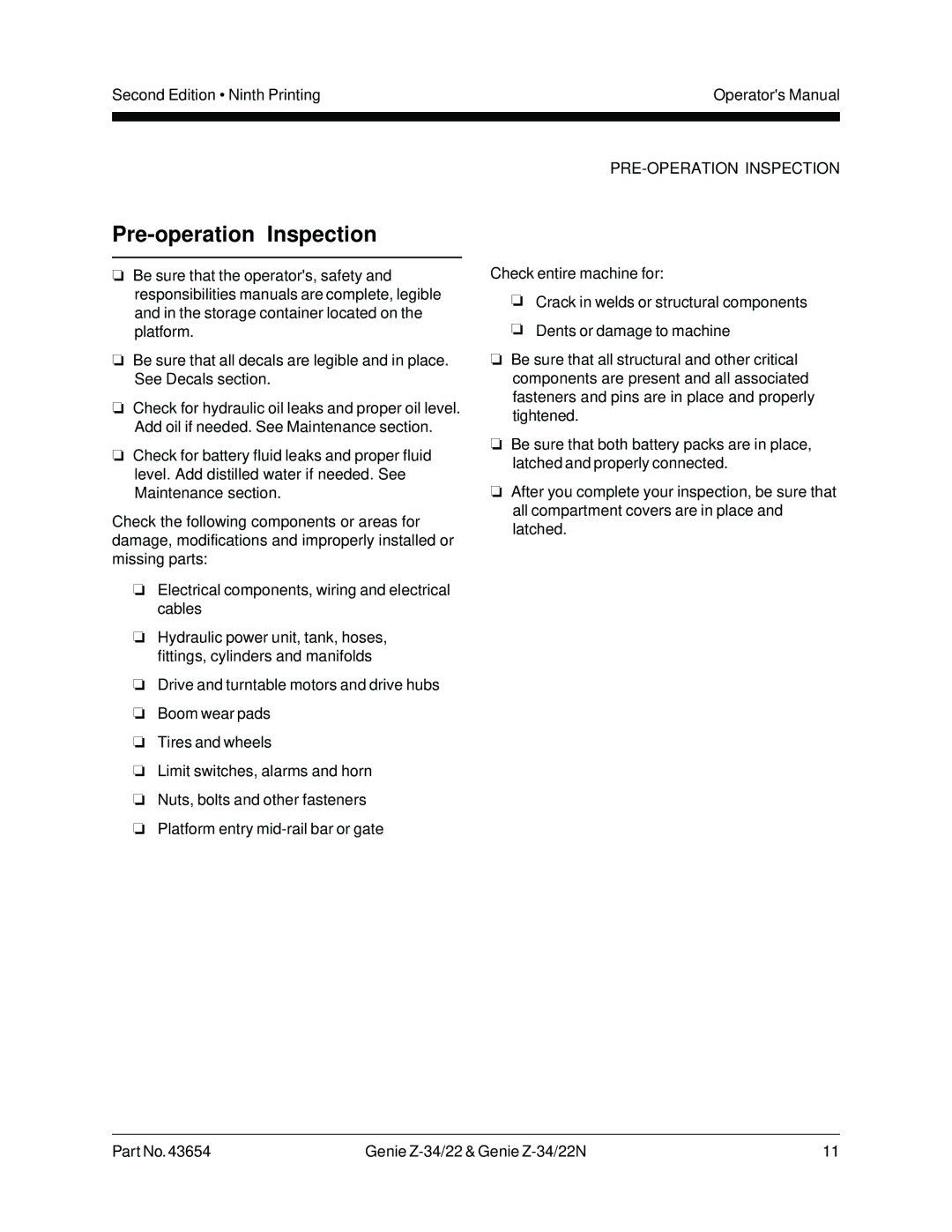 Genie Z-34, Z-22N manual Pre-operation Inspection, PRE-OPERATION Inspection 