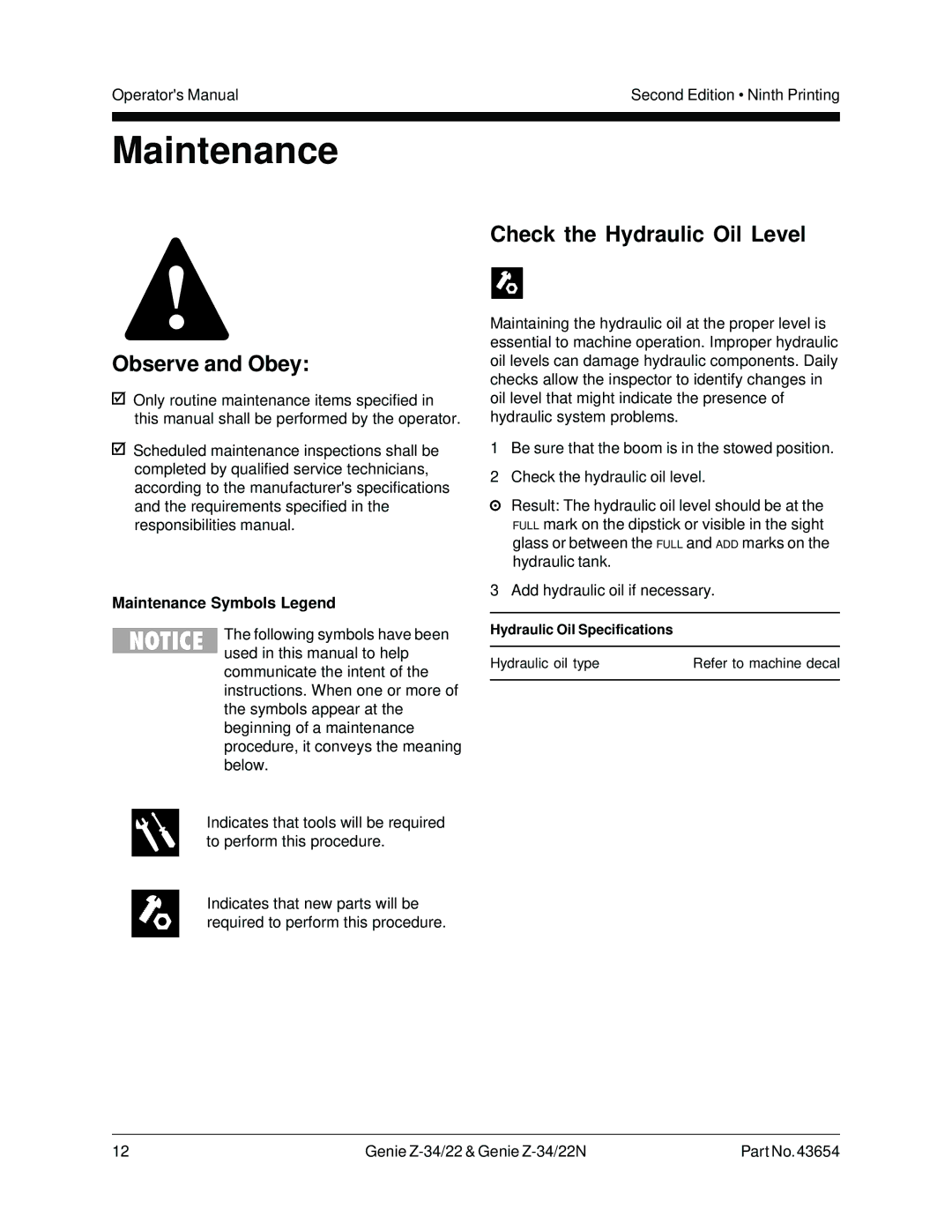 Genie Z-34, Z-22N manual Observe and Obey, Check the Hydraulic Oil Level, Maintenance Symbols Legend 