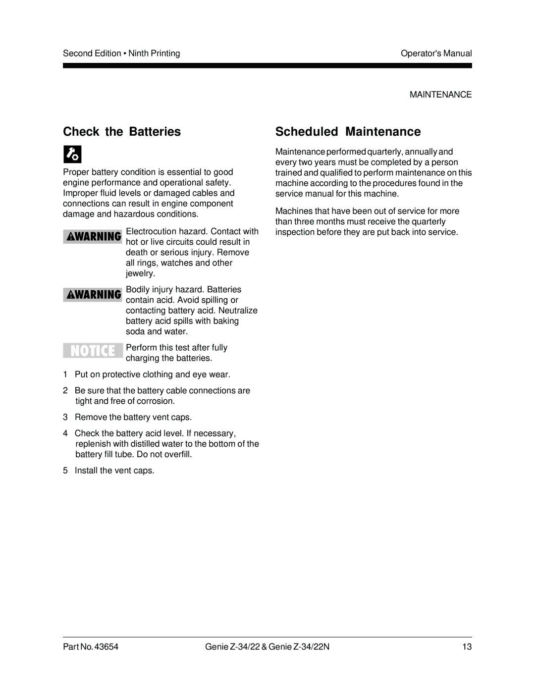 Genie Z-34, Z-22N manual Check the Batteries, Scheduled Maintenance 