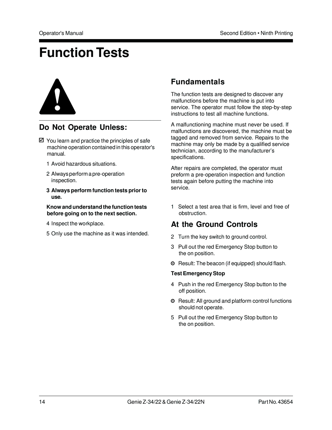 Genie Z-34, Z-22N manual Function Tests, At the Ground Controls, Test Emergency Stop 