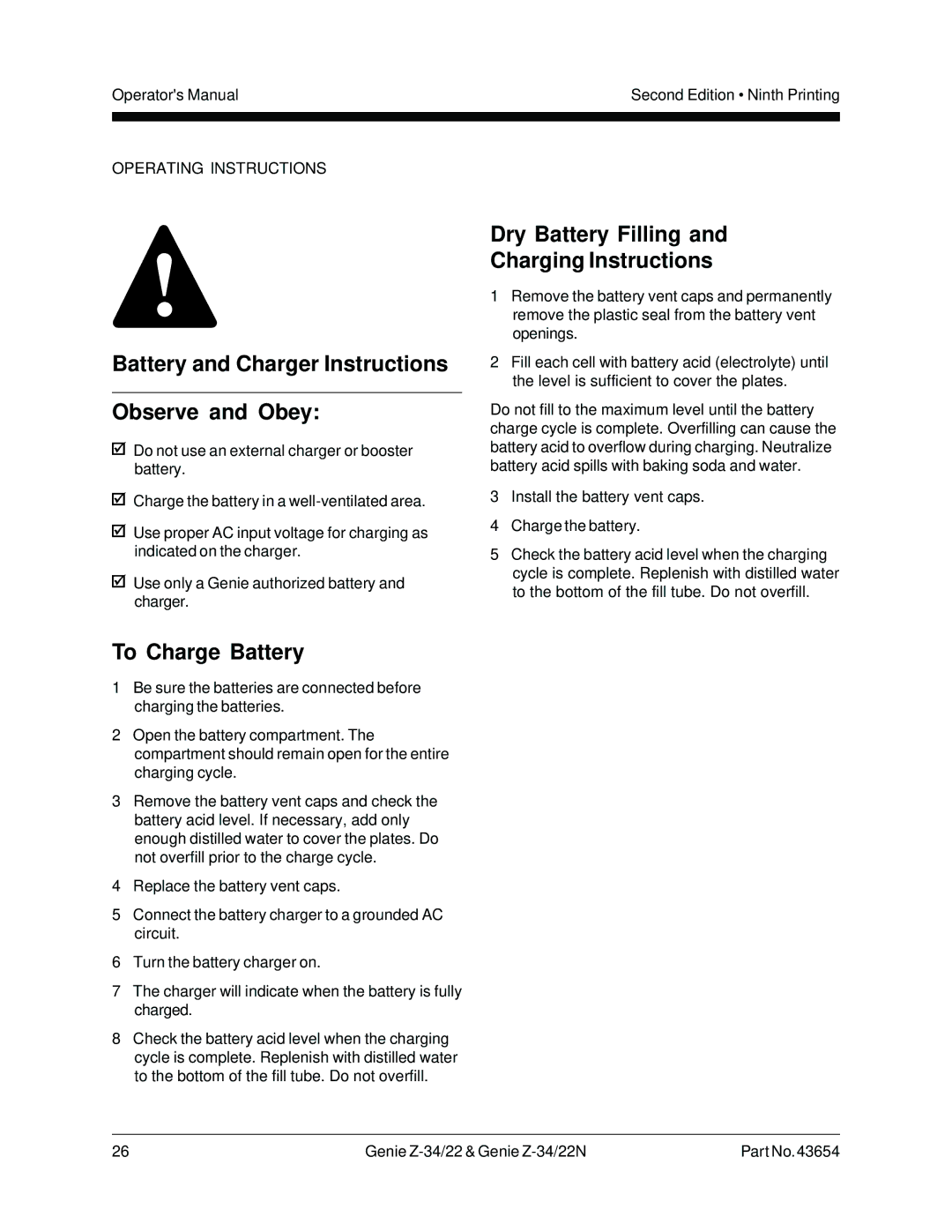 Genie Z-34, Z-22N manual Battery and Charger Instructions Observe and Obey, To Charge Battery 