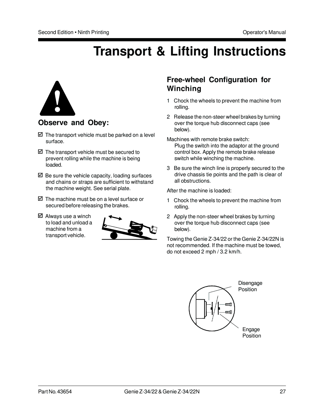 Genie Z-34, Z-22N manual Transport & Lifting Instructions, Free-wheel Configuration for Winching 