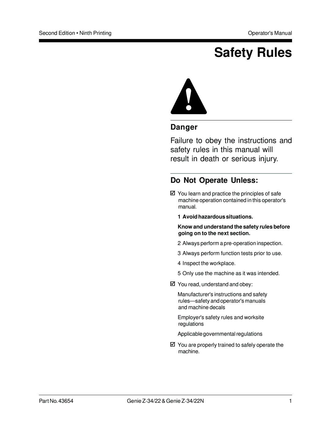 Genie Z-34, Z-22N manual Safety Rules, Do Not Operate Unless 