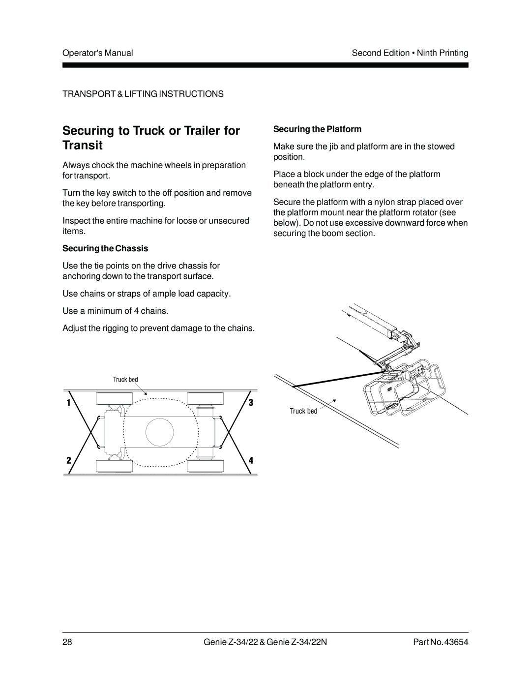 Genie Z-34, Z-22N manual Securing to Truck or Trailer for Transit, Securing the Chassis, Securing the Platform 