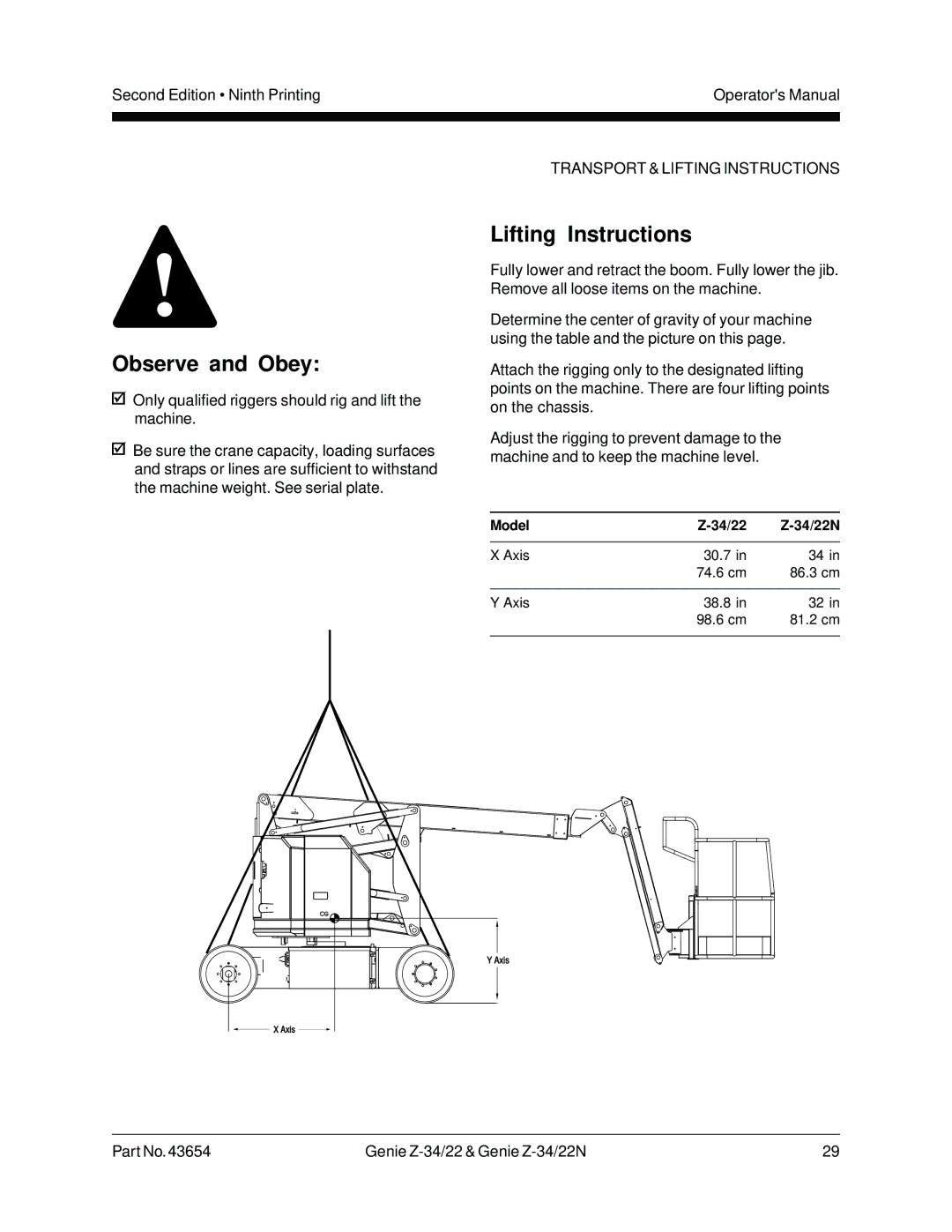 Genie Z-34, Z-22N manual Lifting Instructions 