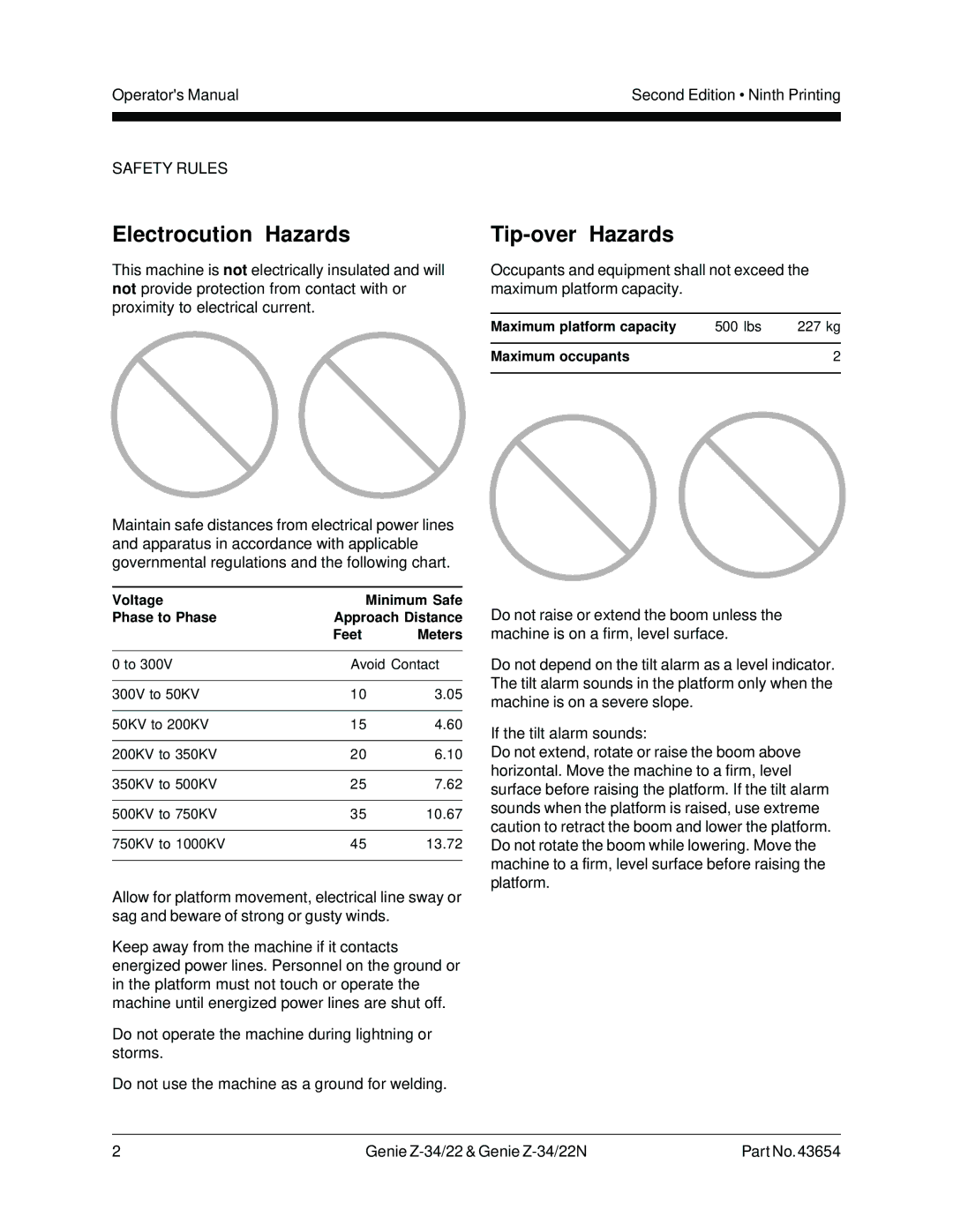 Genie Z-34, Z-22N manual Electrocution Hazards, Tip-over Hazards 