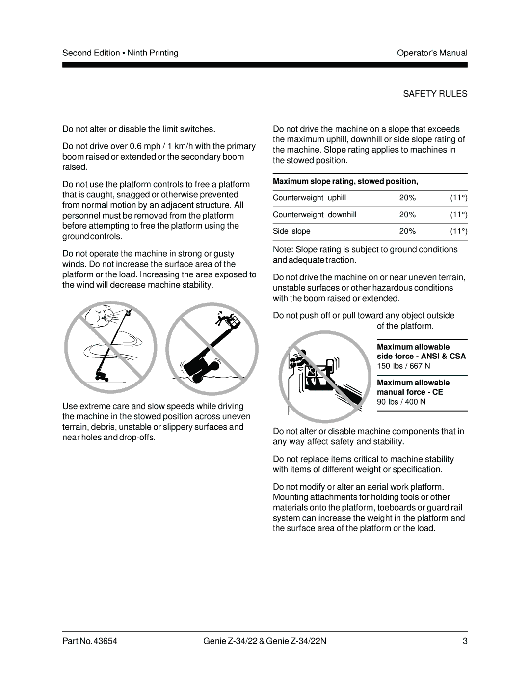 Genie Z-34, Z-22N manual Maximum slope rating, stowed position 