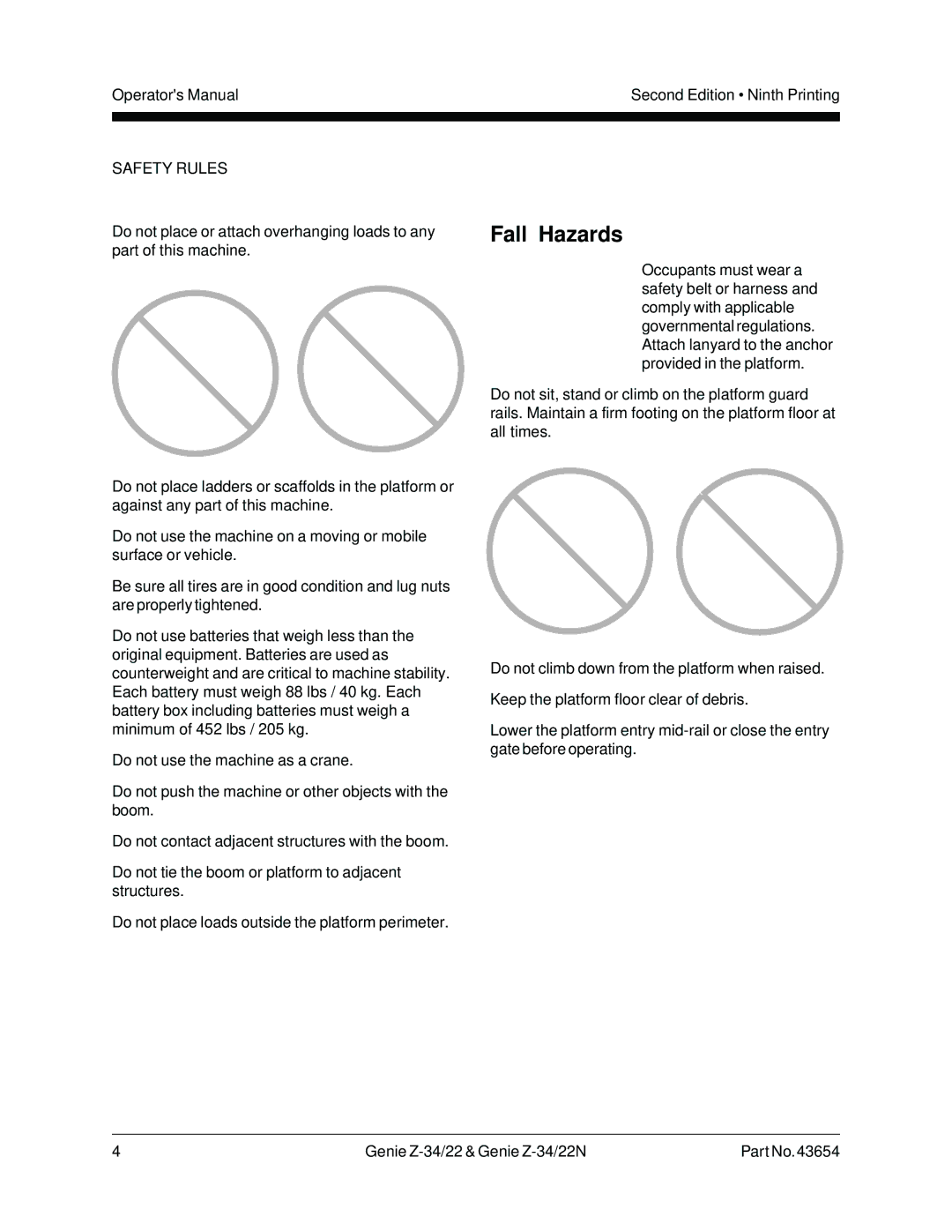 Genie Z-34, Z-22N manual Fall Hazards 