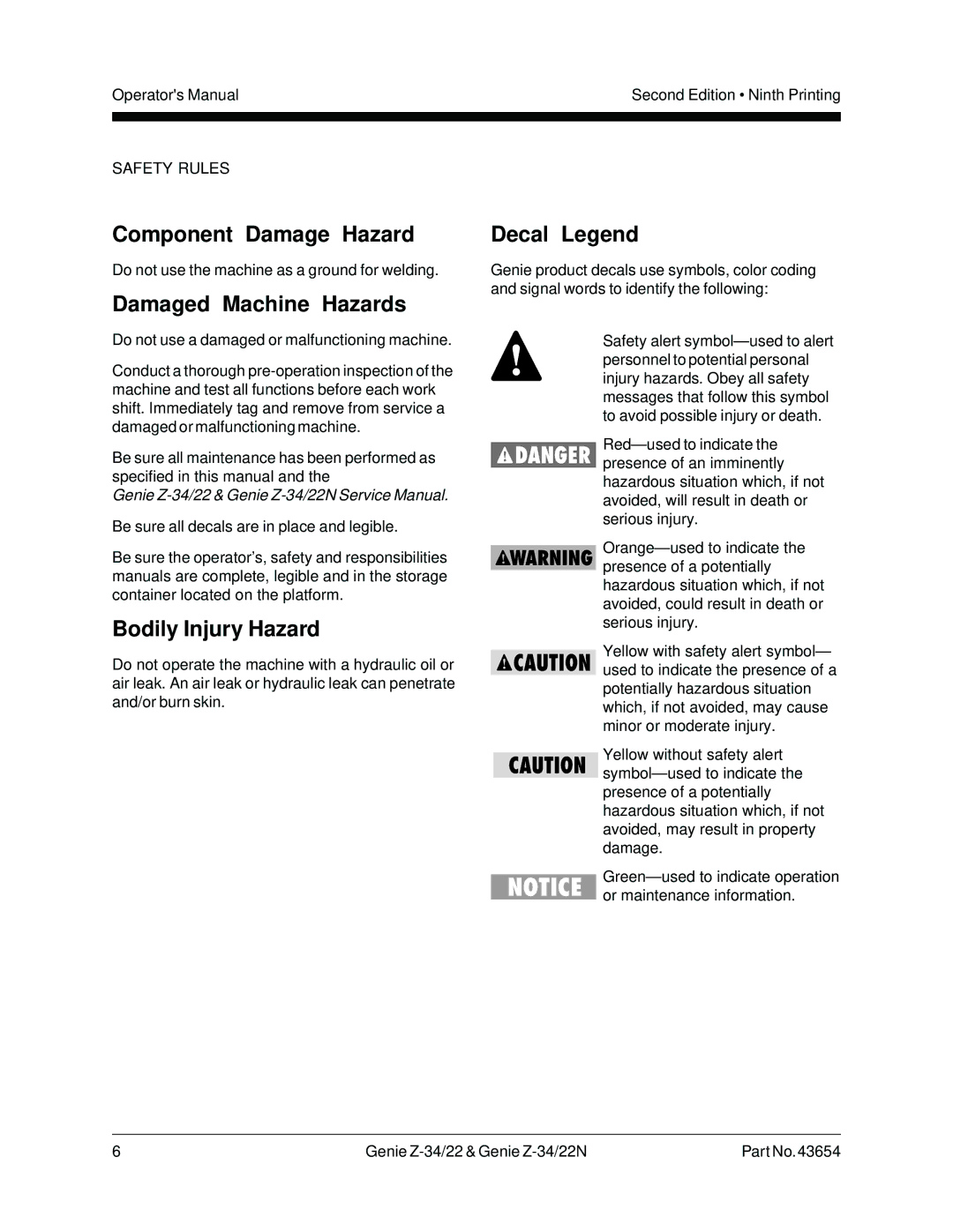 Genie Z-34, Z-22N manual Component Damage Hazard, Damaged Machine Hazards, Bodily Injury Hazard, Decal Legend 