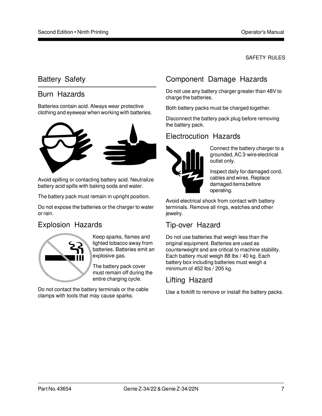 Genie Z-34, Z-22N manual Battery Safety Burn Hazards, Component Damage Hazards, Explosion Hazards, Lifting Hazard 