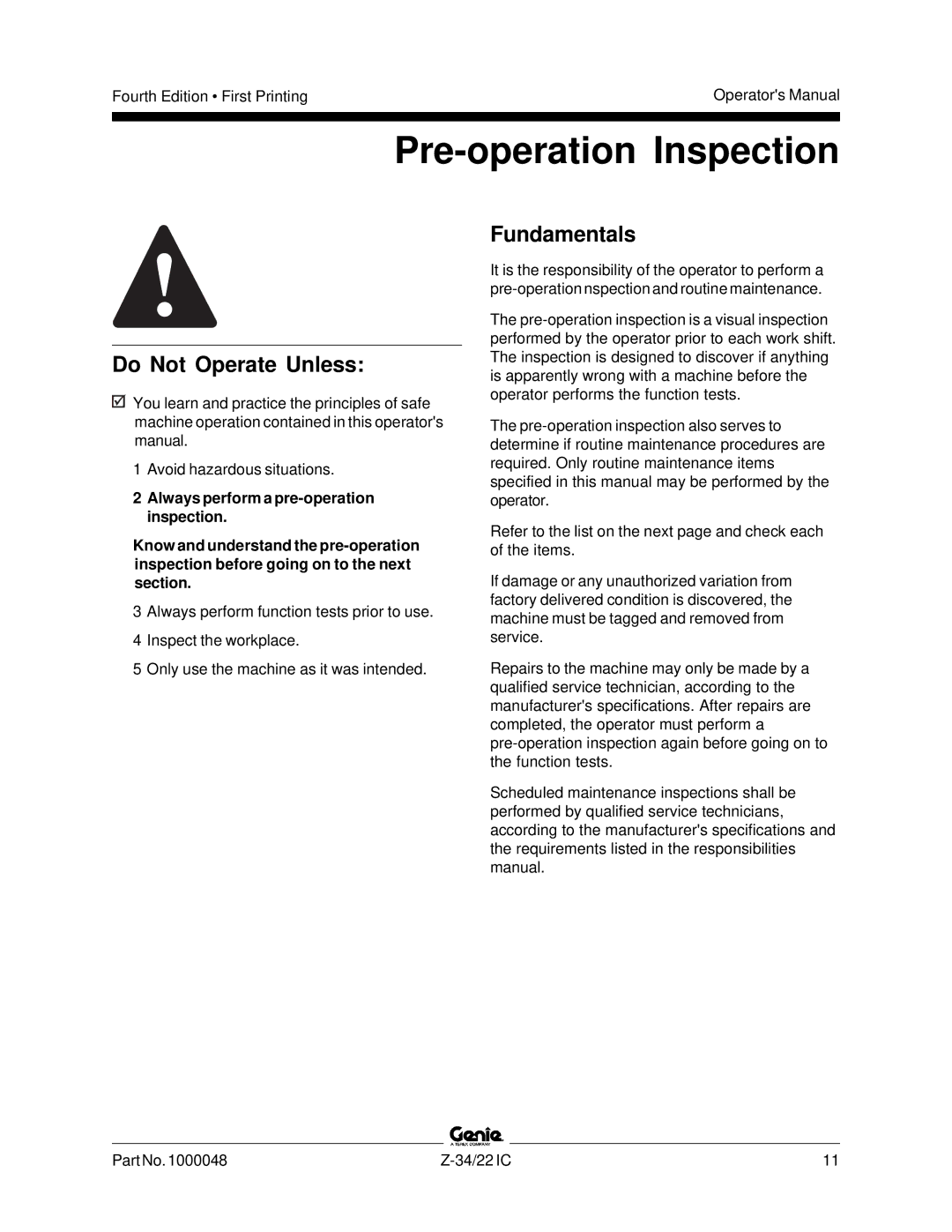 Genie Z-34, Z-22IC manual Pre-operation Inspection, Fundamentals 