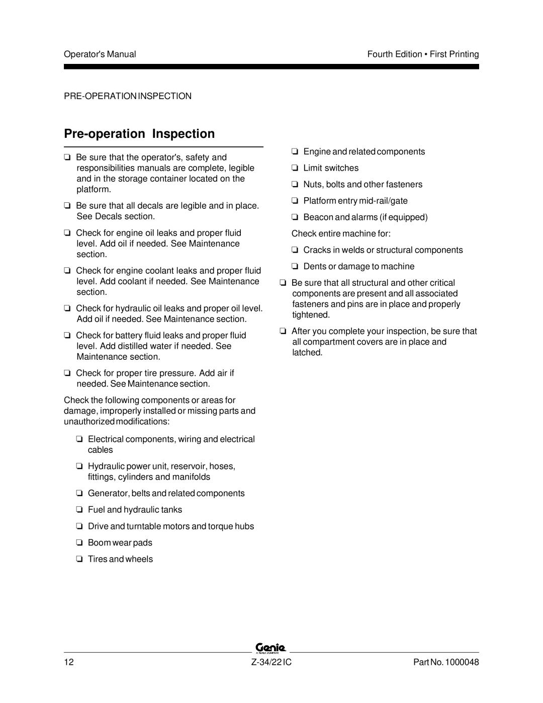 Genie Z-34, Z-22IC manual Pre-operation Inspection 