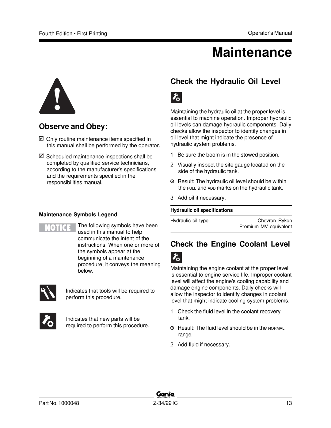 Genie Z-34, Z-22IC manual Maintenance, Observe and Obey, Check the Hydraulic Oil Level, Check the Engine Coolant Level 