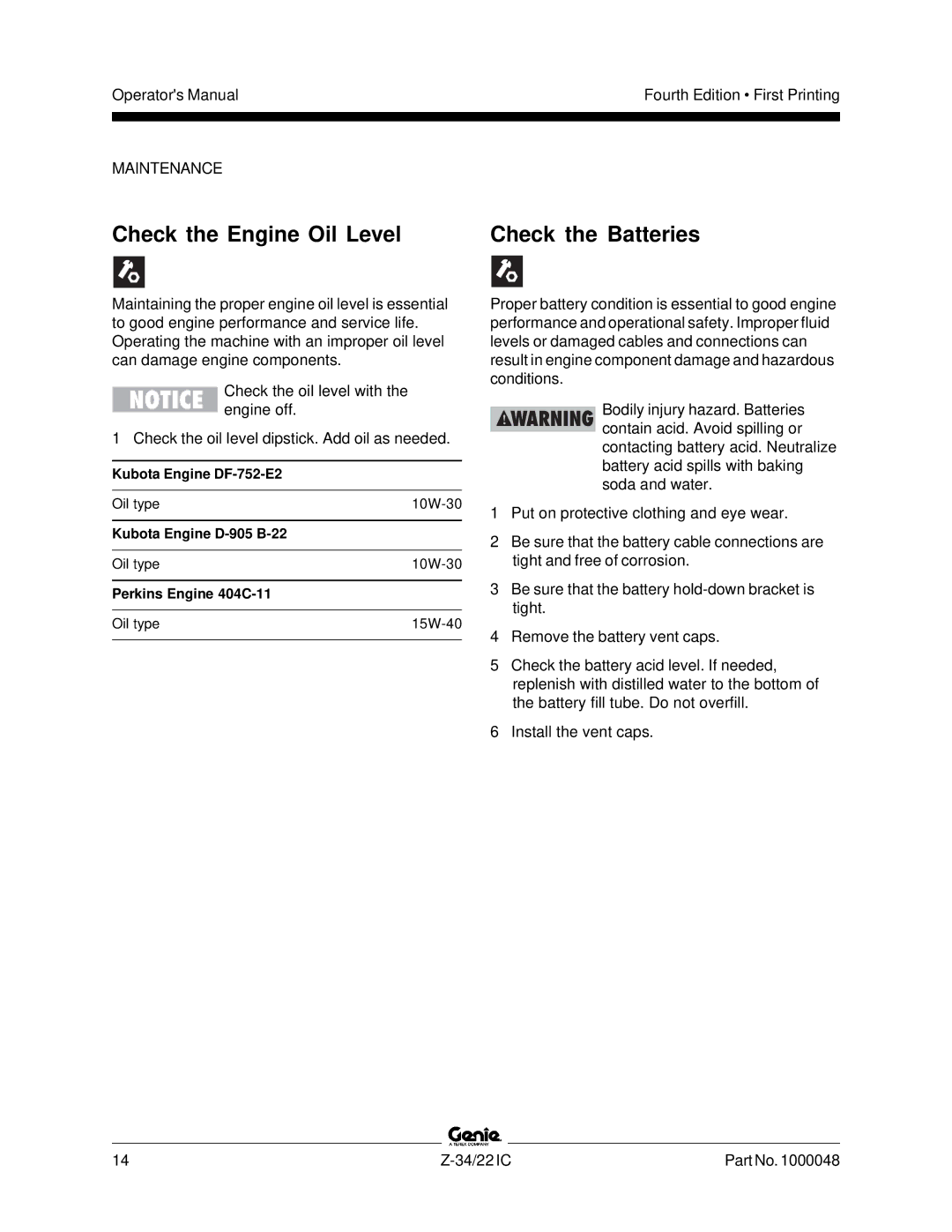 Genie Z-34, Z-22IC manual Check the Engine Oil Level, Check the Batteries 