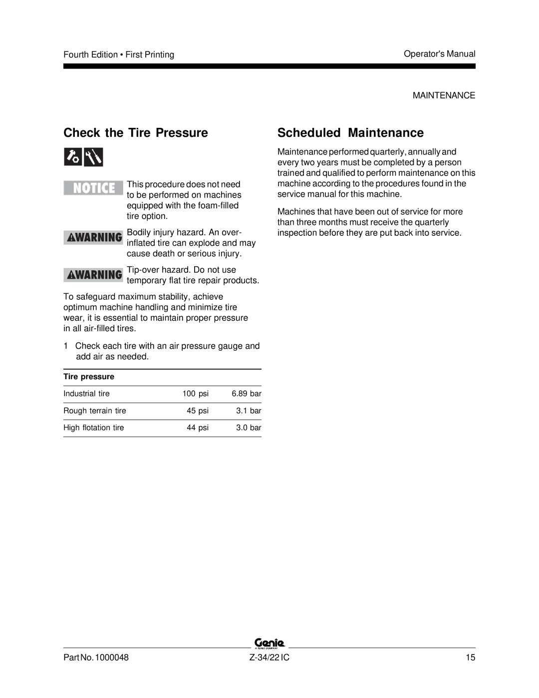 Genie Z-34, Z-22IC manual Check the Tire Pressure, Scheduled Maintenance 