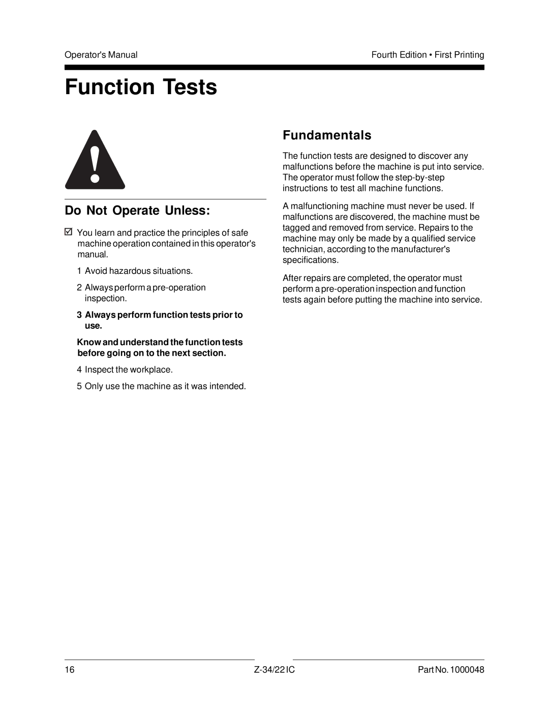 Genie Z-34, Z-22IC manual Function Tests, Do Not Operate Unless 