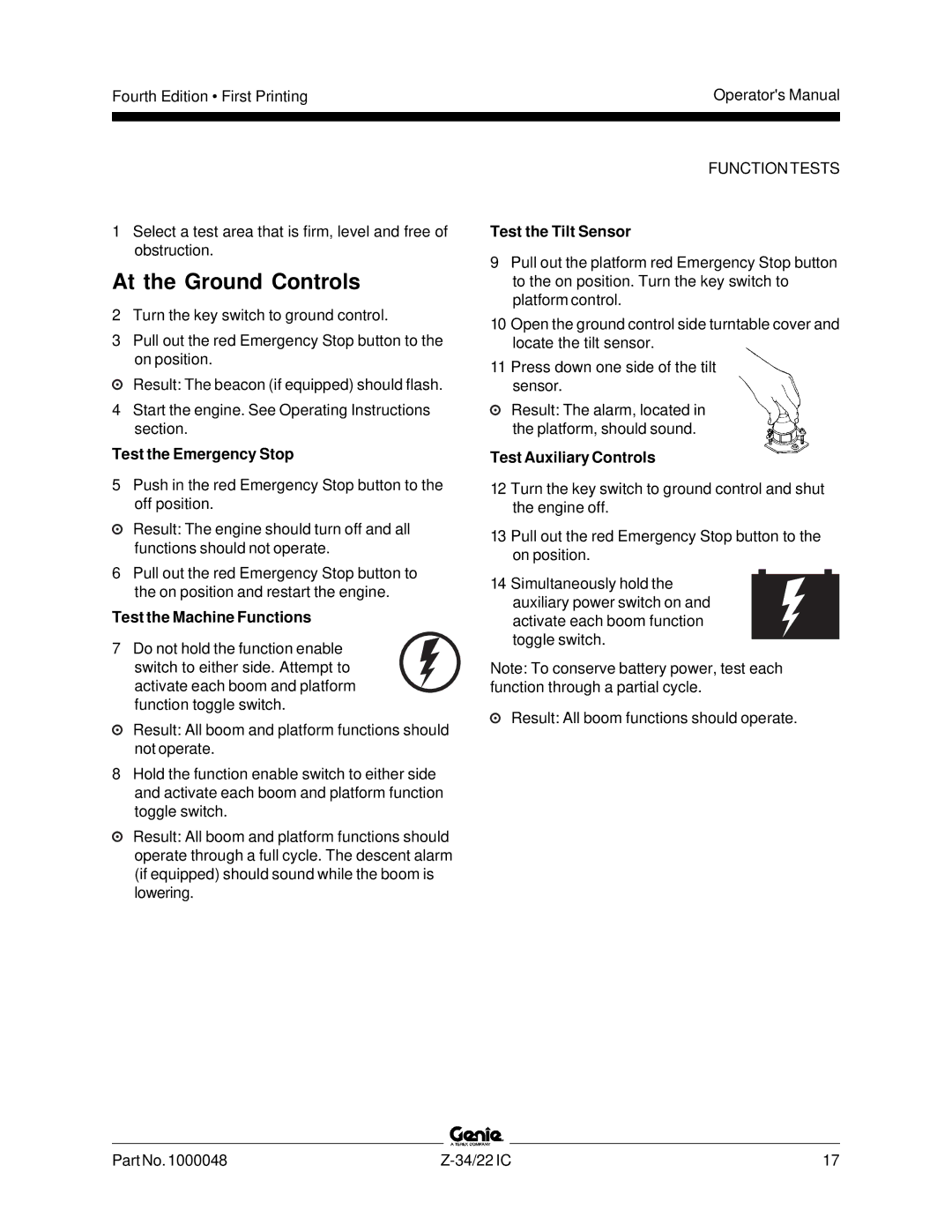 Genie Z-34, Z-22IC manual At the Ground Controls, Test the Emergency Stop, Test the Machine Functions, Test the Tilt Sensor 