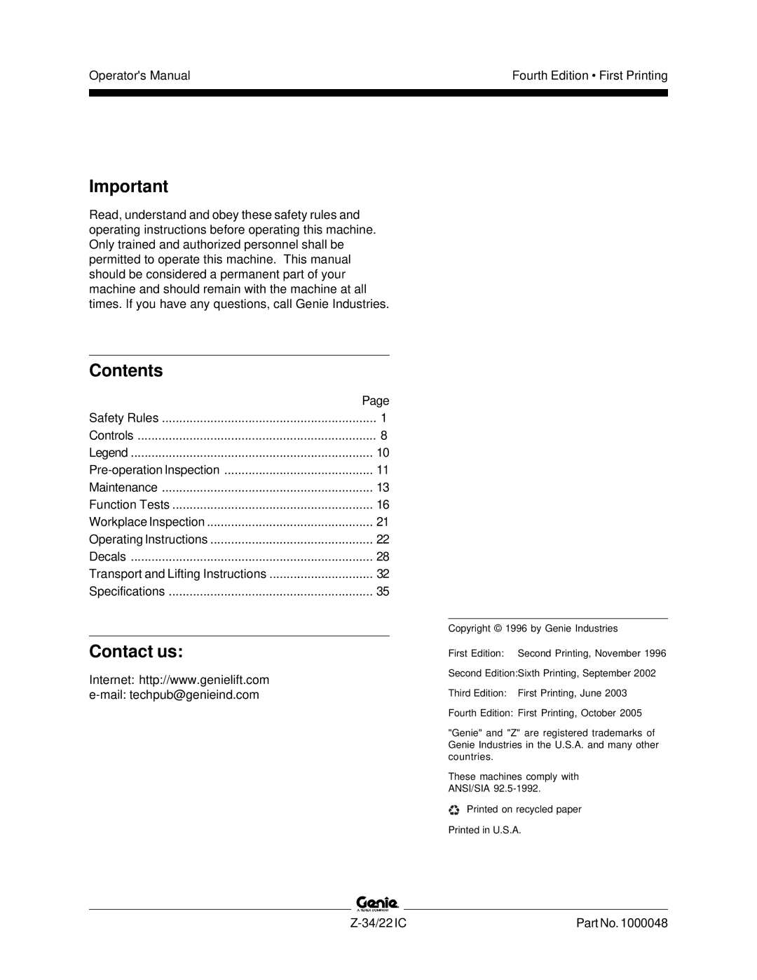 Genie Z-34, Z-22IC manual Contents, Contact us 